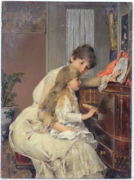 19th c. OIL PAINTING "THE PIANO LESSON": Unsigned. Oil on board. Scratch near top. Very good condition. 16 1/8"h. x 12"w.