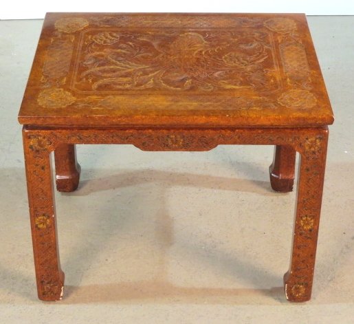 JOHN WIDDICOMB CHINOISERIE LACQUERED END TABLE: Some losses to lacquer. Good condition. 22 1/2"h. x 28 1/2"w. x 22 1/2"d.