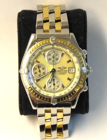 BREITLING CHRONOMAT TWO TONE 100M WATCH: Mother of pearl face. Very good condition.