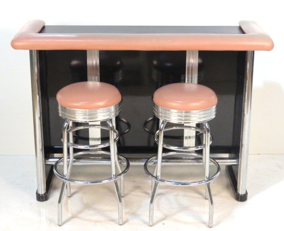 RETRO DESIGN BLACK & PINK BAR & 2 STOOLS: Black laminate and pink vinyl. Chrome stools. Some pitting to chrome. Good condition. 42 1/2"h. x 59 1/2"w. x 23"d.