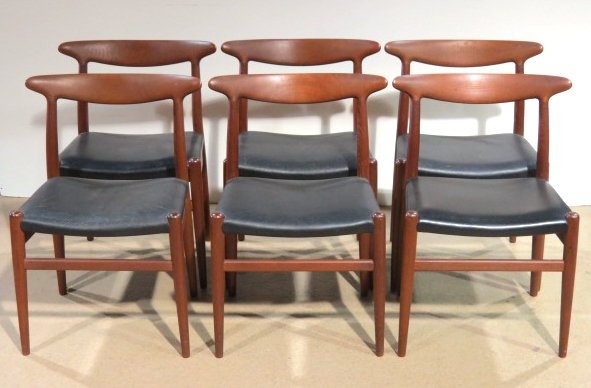 6 HANS WEGNER for C.M. MADSENS TEAK DINING CHAIRS: C.M. Madsens Fabriker, Denmark. Very good condition. 29 3/4"h. x 21 3/4"w. x 18"d.
