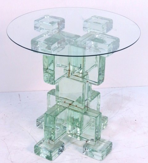 ITALIAN MODERN GLASS BLOCK ROUND PEDESTAL TABLE