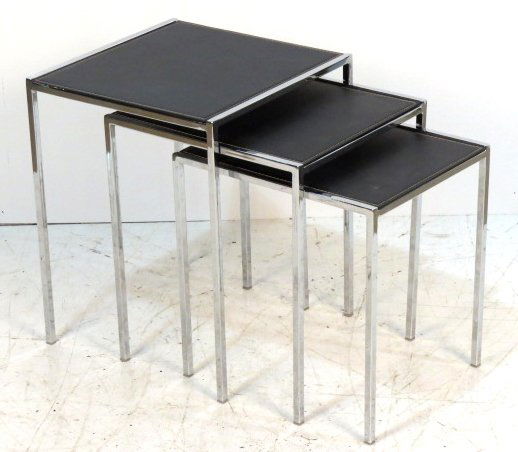 ITALIAN MODERN CHROME & LEATHER NESTING TABLES: Very good condition. 22"h. x 18"sq.