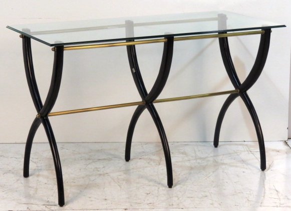JONATHAN CHARLES REGENCY STYLE EBONIZED & BRASS CONSOLE: Very good condition. 33 3/4"h. x 56"w. x 25"d.