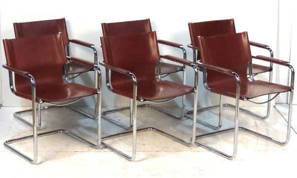 6 ITALIAN MATTEO GRASSI "VISITOR" LEATHER ARMCHAIRS: Some wear. Very good condition. 31 3/4"h. x 21 1/2"w. x 21 1/2"d.