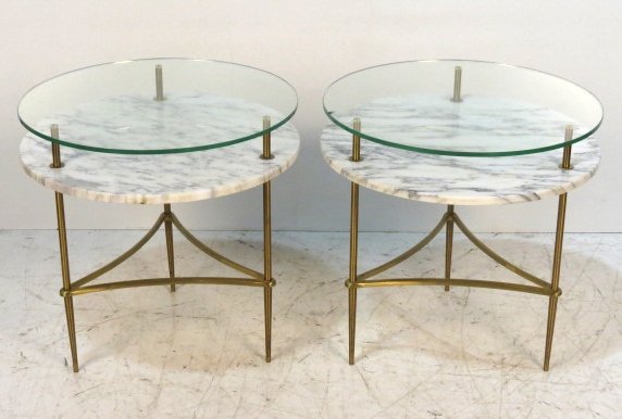 Pair GIO PONTI STYLE ITALIAN MARBLETOP TABLES: Some edge chips on glass. Good condition. 23 1/2"h. x 23 3/4"diam.