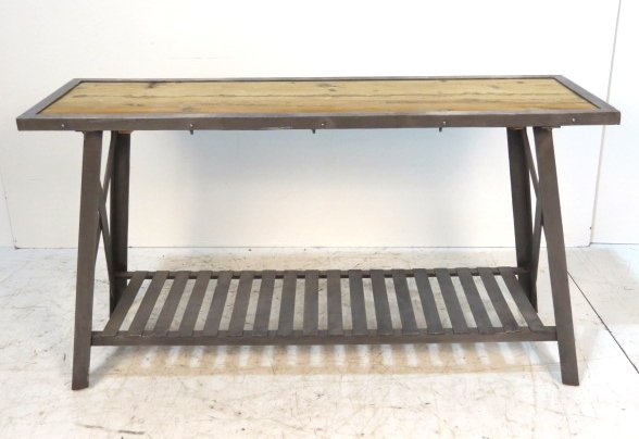INDUSTRIAL DESIGN STEEL & WOOD PLANK TRESTLE TABLE: Very good condition. 33"h. x 60"w. x 18"d.