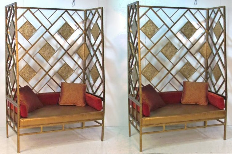 Pair ITALIAN STYLE GILT IRON HIGHBACK SETTEES: Very good condition. 78"h. x 52"w. x 27"d.