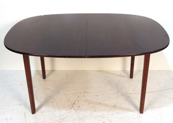 OLE WANSCHER MAHOGANY DINING TABLE: Various scuffs and scratches. Good condition. 29"h. x 57 1/2"w. x 42"d. Two 25 1/2"w. boards.