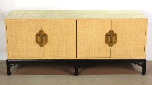 JAMES MONT STYLE BURLAP SIDEBOARD: Burlap wrapped. Ebonized base. Very good condition. 31"h. x 72 1/2"w. x 21 3/4"d.