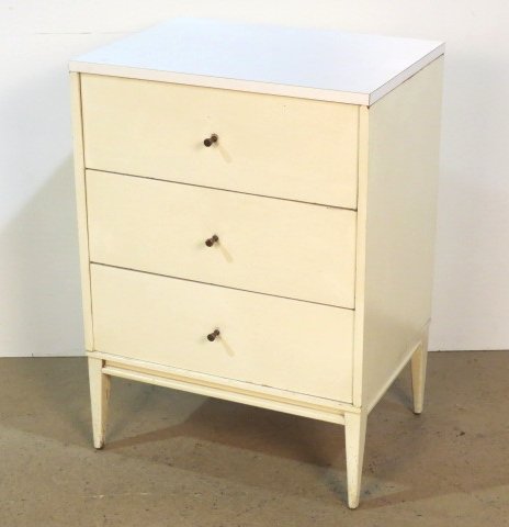 PAUL McCOBB WHITE PAINTED 3 DRAWER CHEST: Laminate top. Good condition with wear. 34"h. x 24"w. x 18"d.