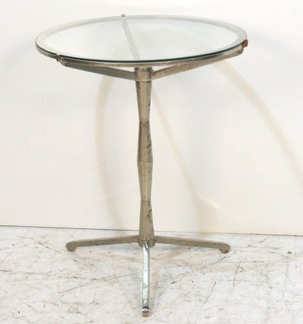 BRUSHED STEEL ROUND GLASSTOP PEDESTAL TABLE: Good condition. 29 1/4"h. x 24"diam.