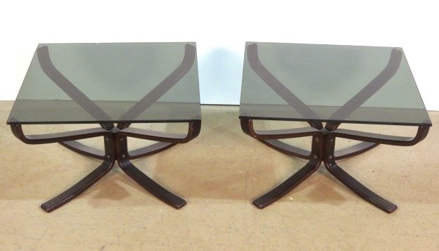 Pair SIGURD RESELL for VATNE GLASSTOP TABLES: Both with damaged glass. 15"h. x 23"sq.