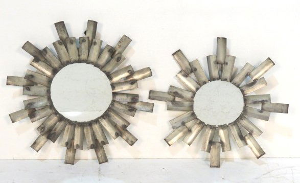 Pair INDUSTRIAL STYLE STEEL SUNBURST MIRRORS: Good condition. Largest 22 3/4"diam. Smallest 21"diam.