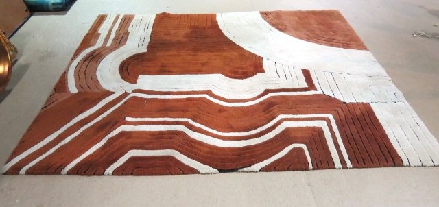 116" X 92" EDWARD FIELDS BROWN & WHITE MODERN RUG: Light stains. Needs cleaning. Very good condition. 116"h. x 92"w.