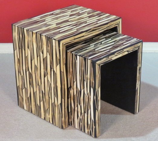 MODERN EBONIZED & LACQUERED BAMBOO NESTING TABLES: Inset bamboo chutes. Very good condition. 21 1/4"h. x 20 1/4"w. x 15 1/2"d.