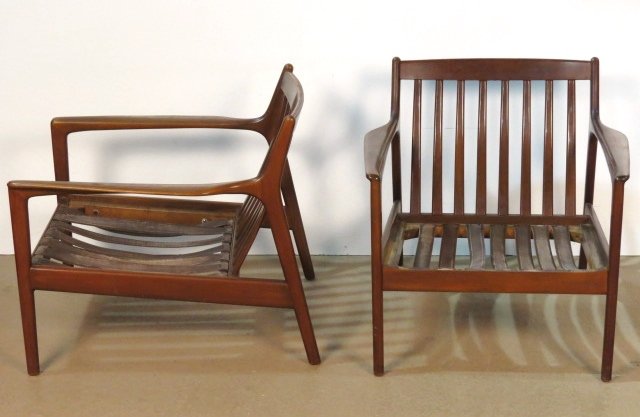 Pair DUX SCANDINAVIAN DESIGN LOUNGE CHAIRS: Fair condition. No cushions. 27 1/2"h. x 29"w. x 30 1/2"d.