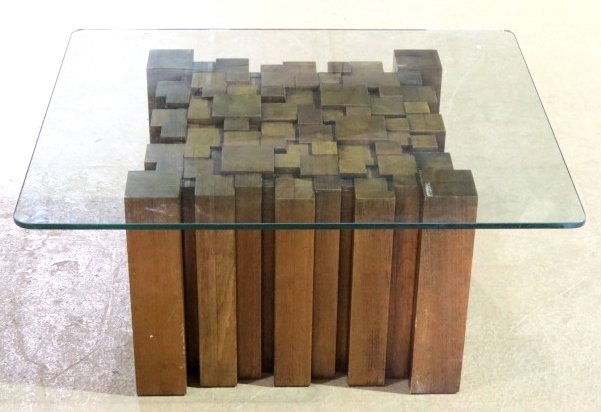 PAUL EVANS STYLE SKYSCRAPER COCKTAIL TABLE: Glass top. Very good condition. 16 1/2"h. x 36"w. x 30"d.