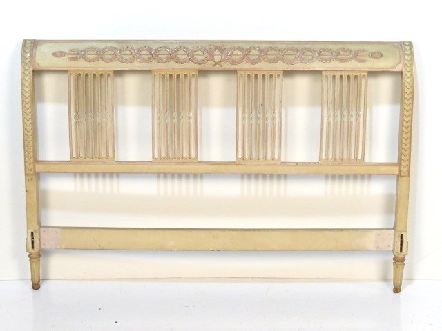 LOUIS XVI STYLE PAINT DECORATED HEADBOARD: Finely carved. Damage to foot. Good condition. 42"h. x 62 1/2"w.