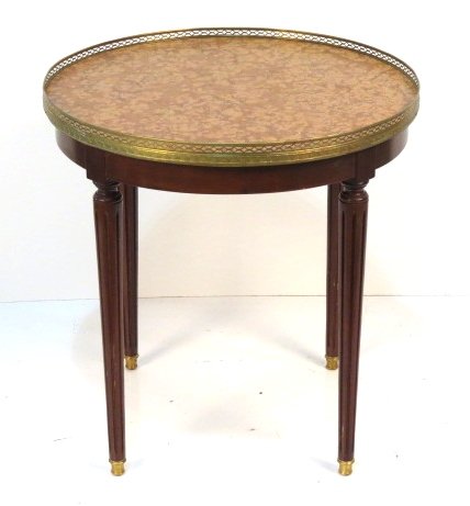 LOUIS XVI STYLE ROUND MARBLETOP BOUILLOTTE TABLE: Walnut. Bronze gallery. Good condition. 27 1/4"h. x 26 1/4"diam.