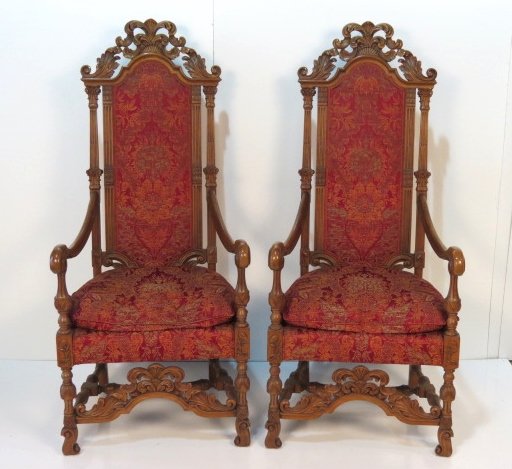 FRENCH STYLE CARVED HIGHBACK THRONE CHAIRS: Walnut. Very good condition. 59"h. x 25 1/2"w. x 28"d.