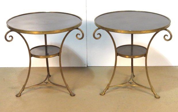 Pair DIRECTOIRE STYLE BRONZE & GRANITE GUERIDON TABLES: Very good condition. 28"h. x 27 1/2"d.