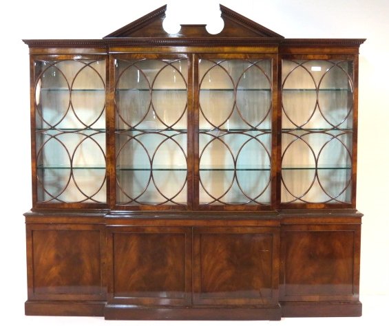OLD COLONY GEORGIAN STYLE 4 DOOR BREAKFRONT: Glass shelves. Some nicks. Very good condition. 88 1/2"h x 97"w x 20"d.