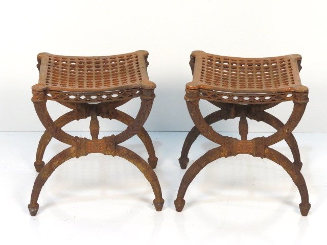 Pair CAST IRON GARDEN CHERUB STOOLS: Surface rust. Good condition. 18"h. x 18"w. x 14"d.
