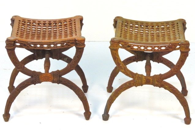 Pair CAST IRON GARDEN CERULE STOOLS: Surface rust. Good condition. 18"h. x 18"w. x 14"d.