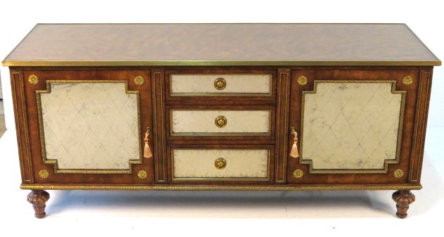 THEODORE ALEXANDER BRONZE MOUNTED MIRRORED DOOR CONSOLE: Excellent condition. 28 1/2"h. x 66 1/2"w. x 22 1/4"d.