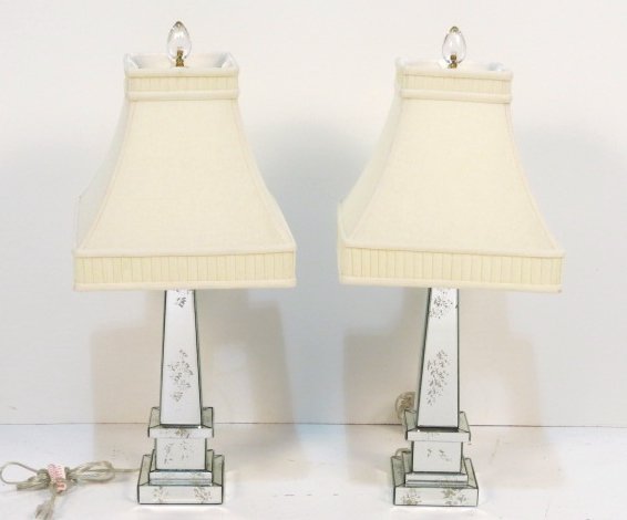 Pair DISTRESS MIRRORED OBELISK TABLE LAMPS: Custom shades. Very good condition. 19"h. to top of obelisk. 29"h.