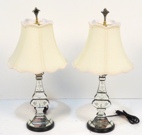 Pair FRENCH STYLE ETCHED MIRRORED TABLE LAMPS: Custom shades. Very good condition. 15"h. to top. 25"h.
