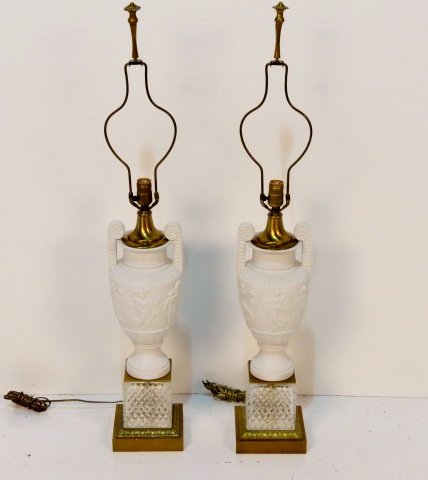 Pair NEOCLASSICAL STYLE PARIAN PORCELAIN LAMPS: 40 1/2"h. to top. 25"h.