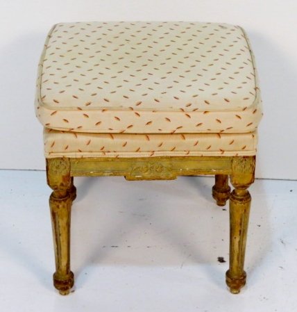 FRENCH PAINT DECORATED FOOTSTOOL: Lightly soiled upholstery. Paint loss to frame. 17"h. x 17"w. x 16"d.