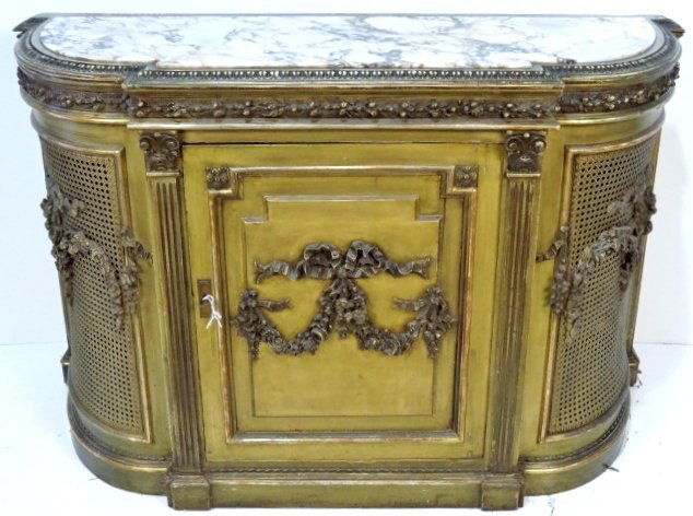 BELLE EPOCH PAINT DECORATED MARBLETOP FRENCH SERVER: Wear and paint loss. Marble top. Caned doors. 37"h. x 57 1/2"w. x 24"d.