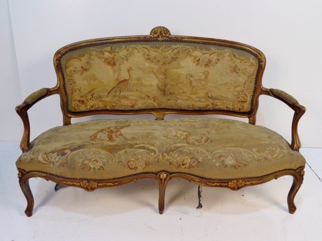 19th c. AUBUSSON DECORATED FRENCH SETTEE: Wear and tears to aubusson. 38"h. x 62"w. x 30"d.