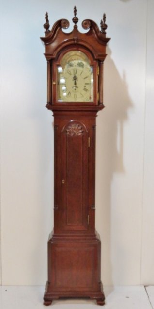SLIGH JOHN GODDARD MAHOGANY TOWNSEND STYLE CLOCK: Very good condition. 91"h. x 18"w. x 11 1/2"d.