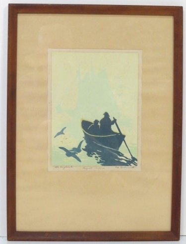 TOD LINDENMUTH "AT DAYBREAK" WOODBLOCK PRINT: Signed Tod Lindenmuth, August, 1939. Good condition. Plate size 9 5/8"h. x 7 3/8"w. Frame measures 20"h. x 15"d.