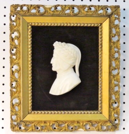 6 1/4" CARVED MARBLE PLAQUE of DANTE: Chip in frame. Frame measures 15"h. x 13"w