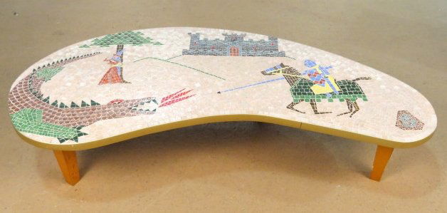 1960's MODERN MOSAIC TILE TOP COFFEE TABLE: Inlaid glass mosaic knight and dragon. Signed GL. Missing 1 glass tile. Very good condition. 15 1/2"h. x 68 1/2"w. x 28"d.