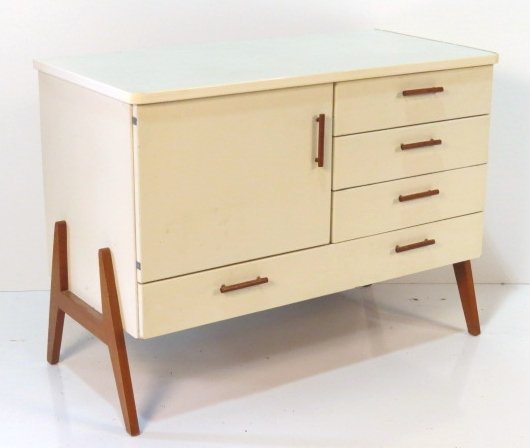 ITALIAN MODERN WHITE LAMINATE CABINET: Light surface wear. Good condition. 31 1/2"h. x 42"w. x 24 3/4"d.