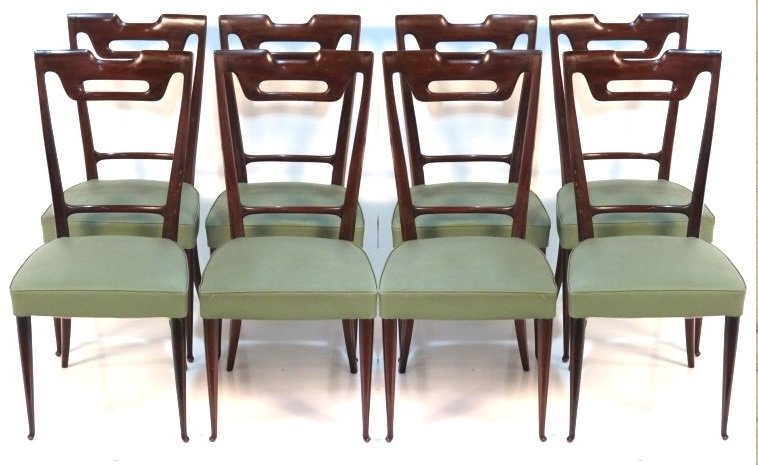 8 ITALIAN MODERN DINING CHAIRS style of ICO PARISI: Seven in very good condition, one with damaged back leg. 38"h. x 18"w. x 20"d.