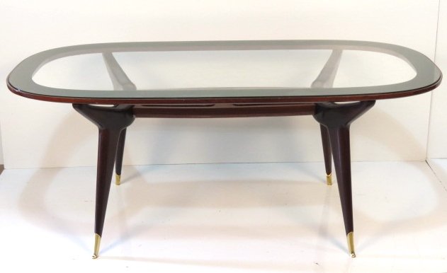 ITALIAN MODERN DINING TABLE style of ICO PARISI: Glass top. Brass capped feet. Very good condition. 31"h. x 76 3/4"w. x 37"d.