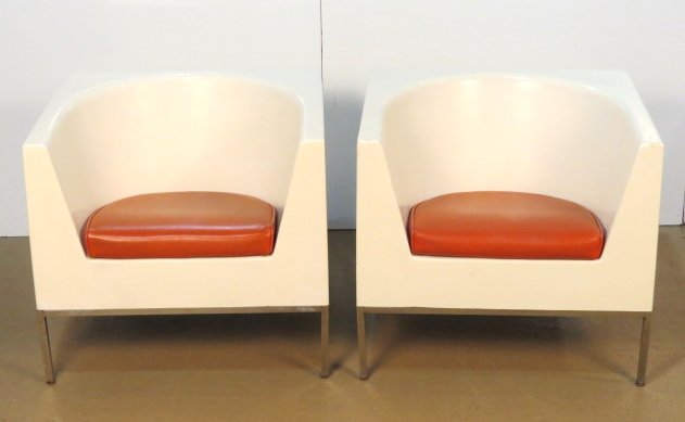 Pair MASSIMO VIGNELLI PLASTIC CUBE LOUNGE CHAIRS: Lots of wear to finish. Fair condition. 26 3/4"h. x 29 1/4"w. x 35"d.