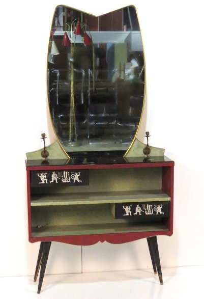 ITALIAN MODERN VANITY w/ MIRROR: Wood and vinyl. Wear to reverse painted glass. Decorated drawer fronts. Fair condition. 70"h. x 35 3/4"w. x 10"d.