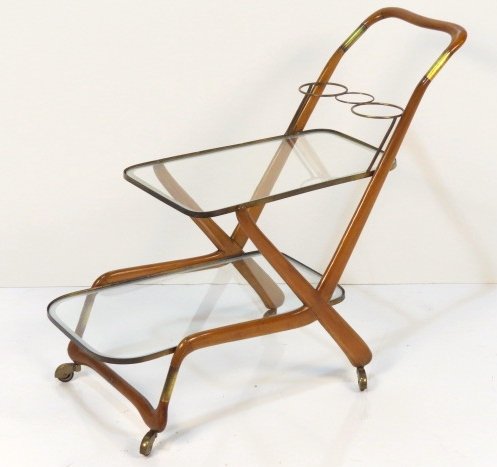 ITALIAN MODERN BAR CART: Glass shelves. Chip on upper glass shelf. 30 1/4"h. x 34"w. x 16"d.