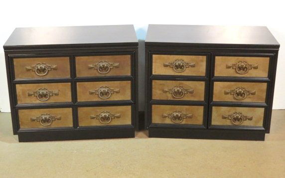 Pair MID CENTURY EBONIZED & BRASS CABINETS: Brass drawer fronts and handles. One with drawers. One with doors. Very good condition. 30 1/4"h. x 36"w. 20"d.