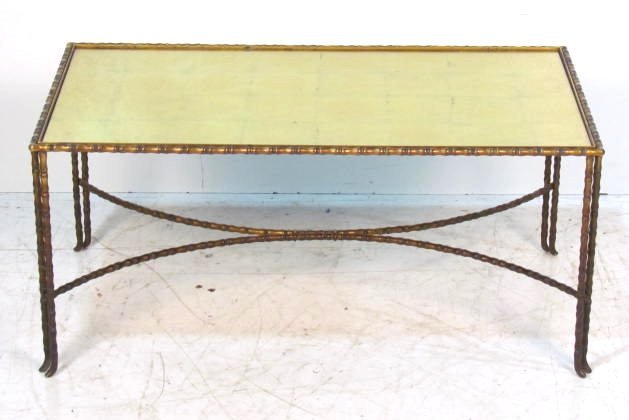 JANSEN STYLE BRONZE BAMBOO FORM COFFEE TABLE: Gilt glass top. Few small scratches in gilt under glass. Very good condition. 18 1/2"h. x 41 3/4"w. x 22"d.