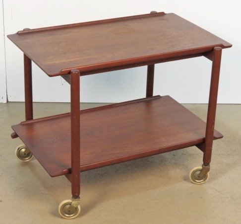 DANISH MODERN TEAK 2 TIER BAR CART: Some wear to finish. Missing small piece on bottom tray. Good condition. 23 1/2"h. x 30"w. x 20"d.