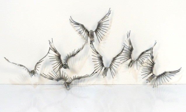CURTIS JERE CHROME WALL SCULPTURE of BIRDS: Signed C. Jere, 1979. Very good condition. 28"h. x 62"w.